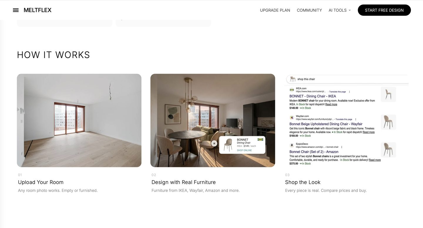 How it works: upload your room, design with real furniture, shop the look