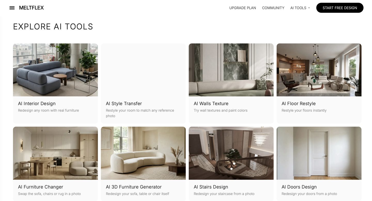 The AI tool suite: interior design, style transfer, wall texture, floor restyle, furniture changer and more