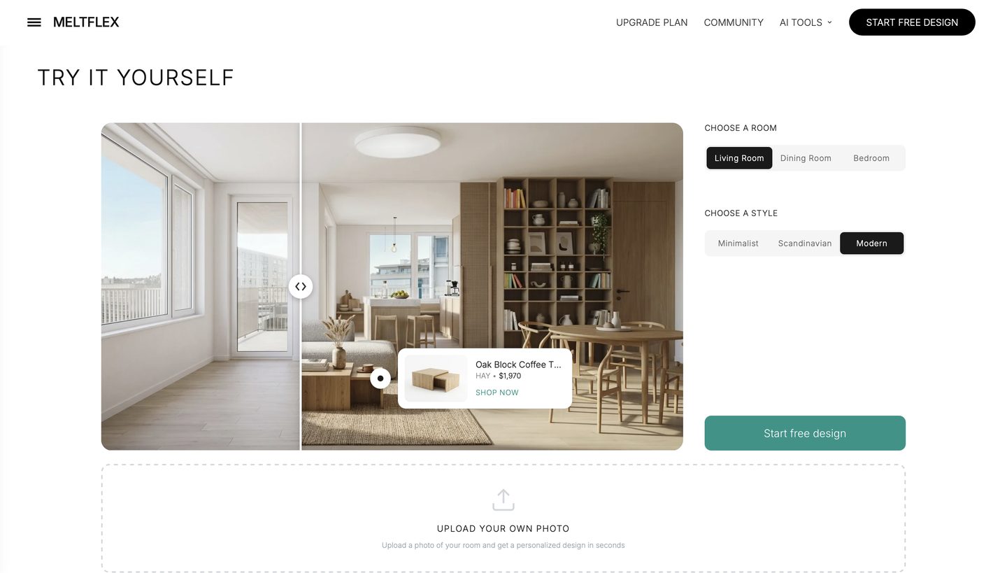 Before and after slider with room and style selection, and a shoppable product card